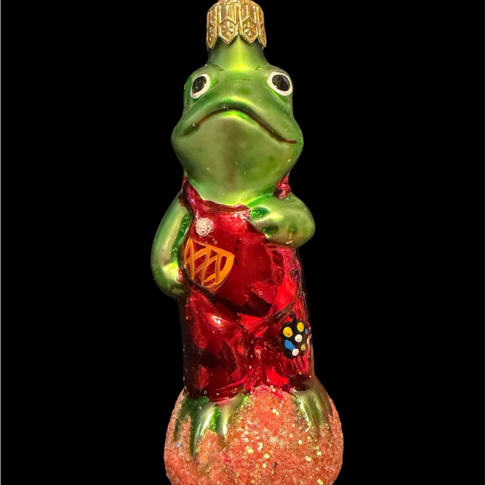 RADKO - 1996 - "Froggy Child" - Festive Frog Ornament in Red Overalls - EUC